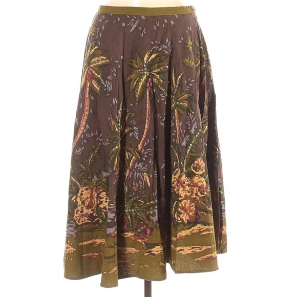 A Line Palm Tree Island Sequence Swing midi skirt women’s 6 brown/green - Picture 2 of 8